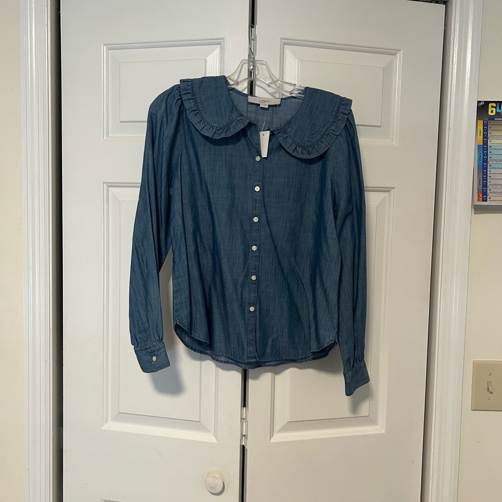 LOFT Denim Blue Blouse with Ruffle Detail